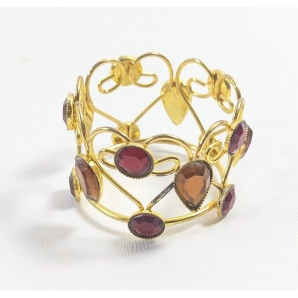 4 Pier One Imports Jeweled Napkin Rings Red & Amber Set In Gold Tone Metal